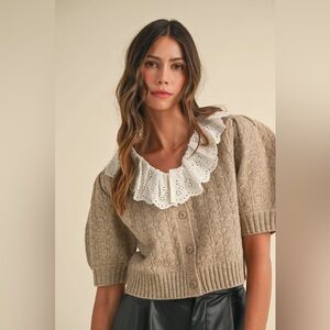 Women's Tan Cardigan Sweater with White Collar